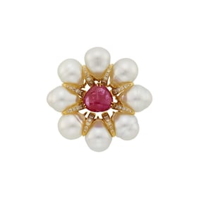 Gold, Cabochon Ruby, Baroque South Sea Cultured Pearl and Diamond Flower Clip-Brooch