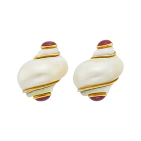 Seaman Schepps Pair of Gold, Shell and Cabochon Ruby 'Turbo Shell' Earclips