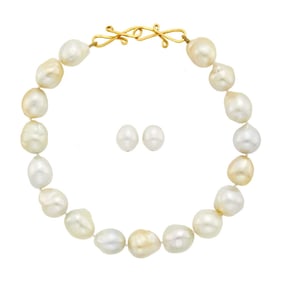 South Sea and Golden Baroque Cultured Pearl Necklace, Attributed to Maja DuBrul, and Pair of