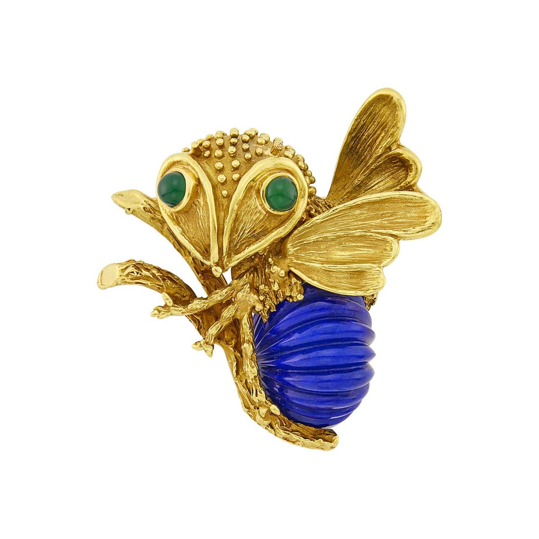 Erwin Pearl Gold, Carved Lapis and Green Onyx Fly Brooch: 18 kt., one oval fluted lapis ap. 23.0 x 18.0 mm., 2 round cabochon green onyx eyes, signed E. Pearl, ap. 33 dwts. Lapis: medium bright royal blue, uniform color, nice carving. 1 7/8 x 1 3
