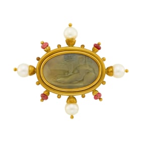 Elizabeth Locke Gold, Venetian Green Glass Intaglio, Cultured Pearl and Red Spinel Bead 'Smoke