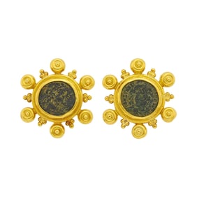 Pair of High Karat Gold and Ancient Bronze Coin Earclips