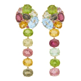 Pair of Gold, Colored Stone and Diamond Pendant-Earclips