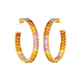 Pair of Gold and Multicolored Sapphire Hoop Earrings