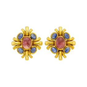 Pair of Gold, Cabochon Pink Tourmaline and Sapphire Earclips