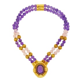 Double Strand Amethyst and Rose Quartz Bead, Gold and Amethyst Cameo Necklace