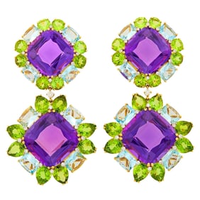 Pair of Gold, Amethyst, Peridot, Aquamarine and Diamond Pendant-Earclips