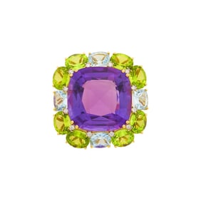 Gold, Amethyst, Peridot, Aquamarine and Diamond Ring