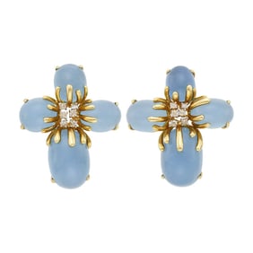 Pair of Gold, Cabochon Aquamarine and Diamond Flower Earclips