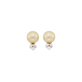 Pair of White Gold, Golden Cultured Pearl and Diamond Earclips