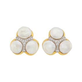 Andrew Clunn Pair of Gold, Platinum, Baroque Freshwater Blister Pearl and Diamond Earclips