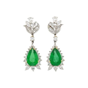 Pair of White Gold, Emerald and Diamond Pendant-Earclips
