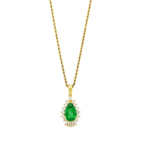 Gold, Emerald and Diamond Pendant with Long Gold Chain Necklace