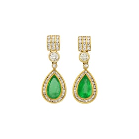 Pair of Gold, Emerald and Diamond Pendant-Earrings
