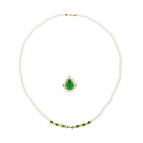 Gold, Emerald and Diamond Ring/Pendant and Cultured Pearl Pendant-Necklace