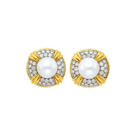 Pair of Gold, Platinum, South Sea Cultured Pearl and Diamond Earclips