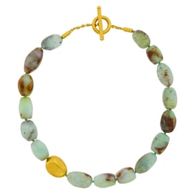 Yossi Harari High Karat Hammered Gold and Jade Bead Toggle Necklace