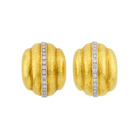 Pair of Hammered Gold and Diamond Bombé Earrings