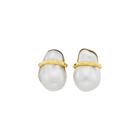 Andrew Clunn Pair of Gold and Baroque Cultured Pearl Earclips
