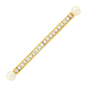Two-Color Gold, Diamond and Cultured Pearl Bar Brooch