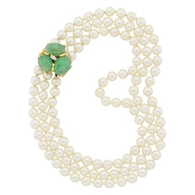 Seaman Schepps Triple Strand Cultured Pearl Necklace with Gold, Cabochon Emerald and Diamond Clasp