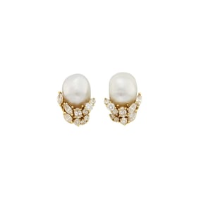 Henry Dunay Pair of Gold, Semi-Baroque Cultured Pearl and Diamond Earclips