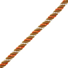 Twisted Gold, Coral Bead and Cultured Pearl Bracelet