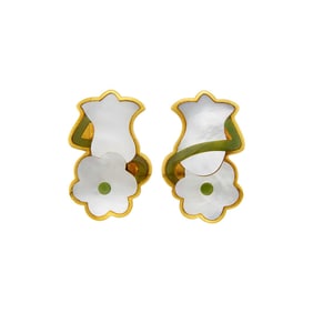 Tiffany & Co. Pair of Gold, Mother-of-Pearl and Nephrite Flower Earclips