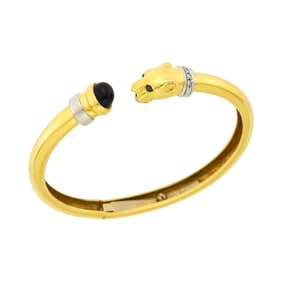 Two-Color Gold, Black Onyx, Cabochon Sapphire and Diamond Panther Head Bangle Bracelet