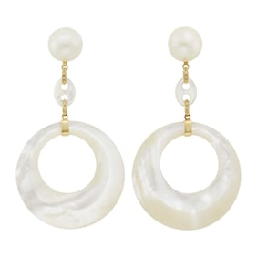 Pair of Gold, Mabé Pearl and Mother-of-Pearl Hoop Pendant-Earrings