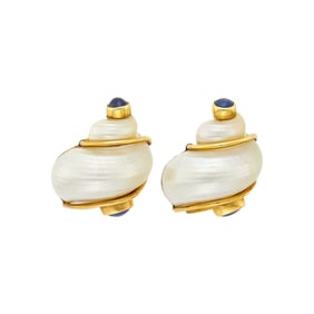 Seaman Schepps Pair of Gold, Shell and Cabochon Sapphire 'Turbo Shell' Earclips