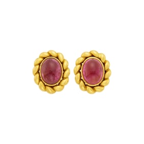 Pair of Gold and Cabochon Pink Tourmaline Earclips