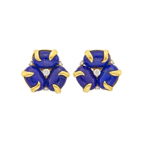 Pair of Gold, Lapis and Diamond Flower Earclips