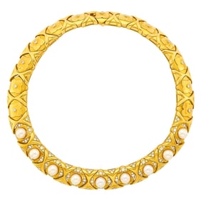 Gold, Cultured Pearl and Diamond Necklace