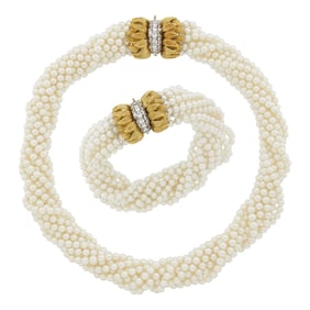 Ten Strand Cultured Pearl Torsade Necklace and Bracelet with Gold, Platinum and Diamond Leaf Clasps