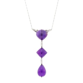 Platinum, Silver, Cabochon Amethyst and Diamond Pendant-Necklace