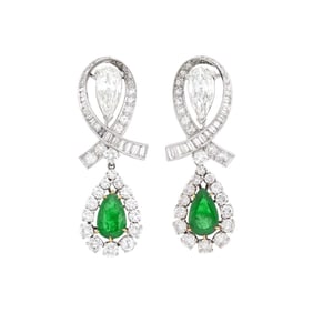 Pair of Platinum, Gold, Diamond and Emerald Pendant-Earrings