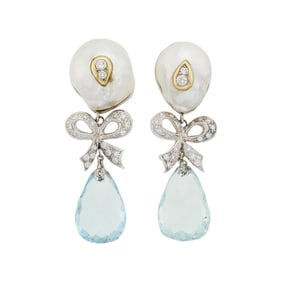 Pair of Two-Color Gold, Baroque Cultured Pearl, Diamond and Aquamarine Briolette Pendant-Earclips