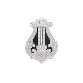 White Gold, Diamond and Black Onyx Lyre Harp Brooch