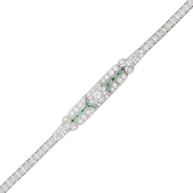 Platinum, Diamond and Simulated Emerald Bracelet