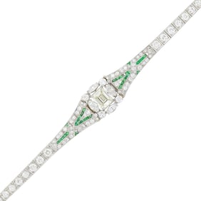 Platinum, Diamond and Simulated Emerald Bracelet