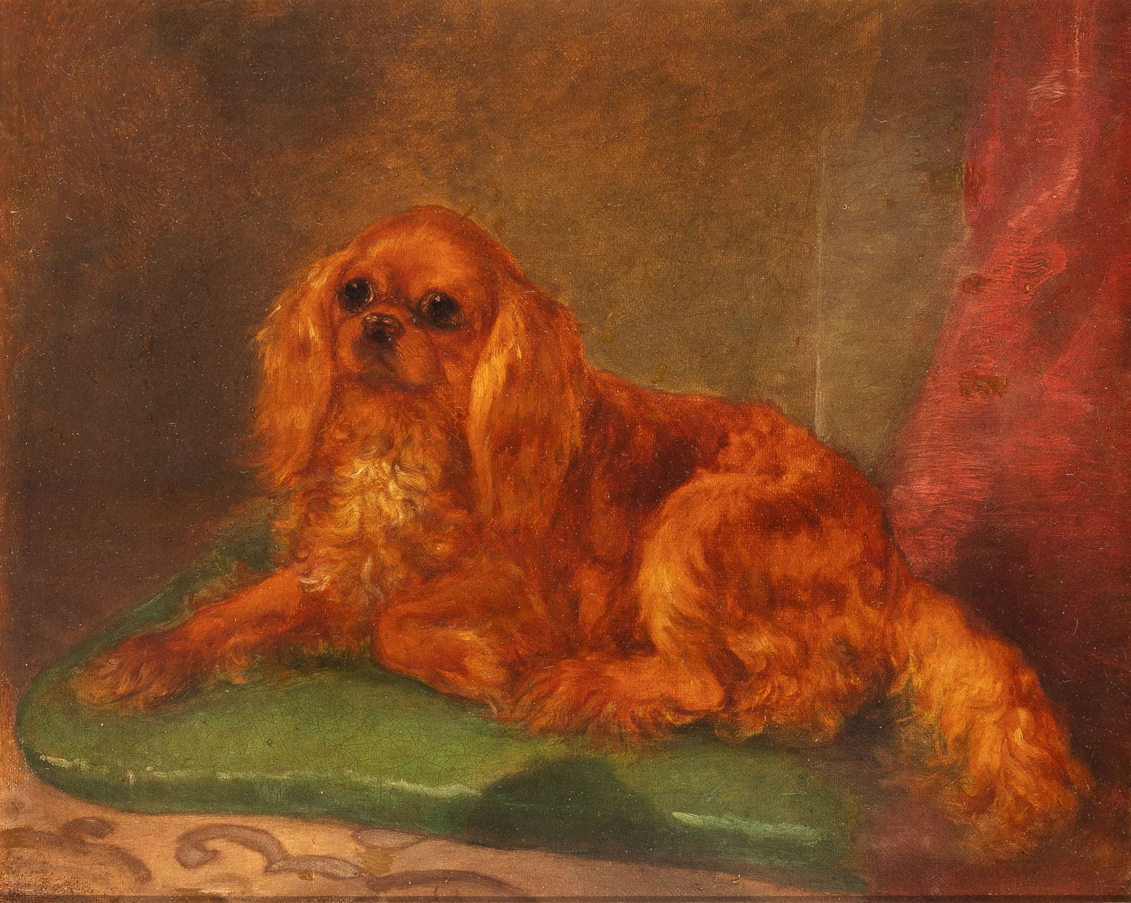 British School,: 19th CenturyRuby English Toy Spaniel on a Green PillowOil on canvas9 7/8 x 11 7/8 inches (25 x 30.1 cm)Provenance:Thomas O'Neal Collection (Frame: 14 x 16 inches