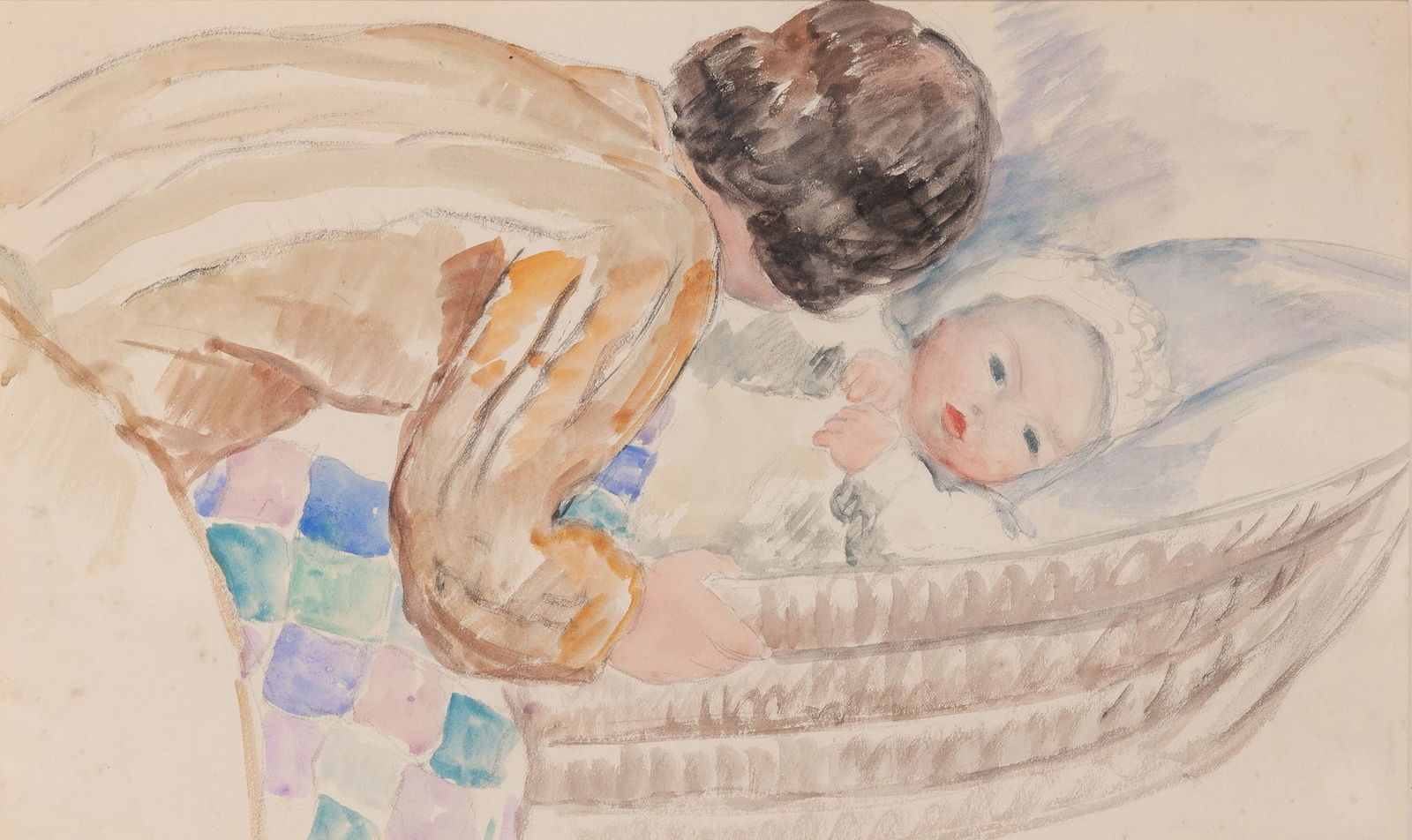 Henri Lebasque: French, 1865-1937Jeune Femme Penches sur un Berceau, 1927Watercolor and pencil on paper11 1/2 x 18 5/8 inches (29.2 x 47.3 cm)Provenance:Selected Artists Galleries, Inc., New YorkAccompanied by