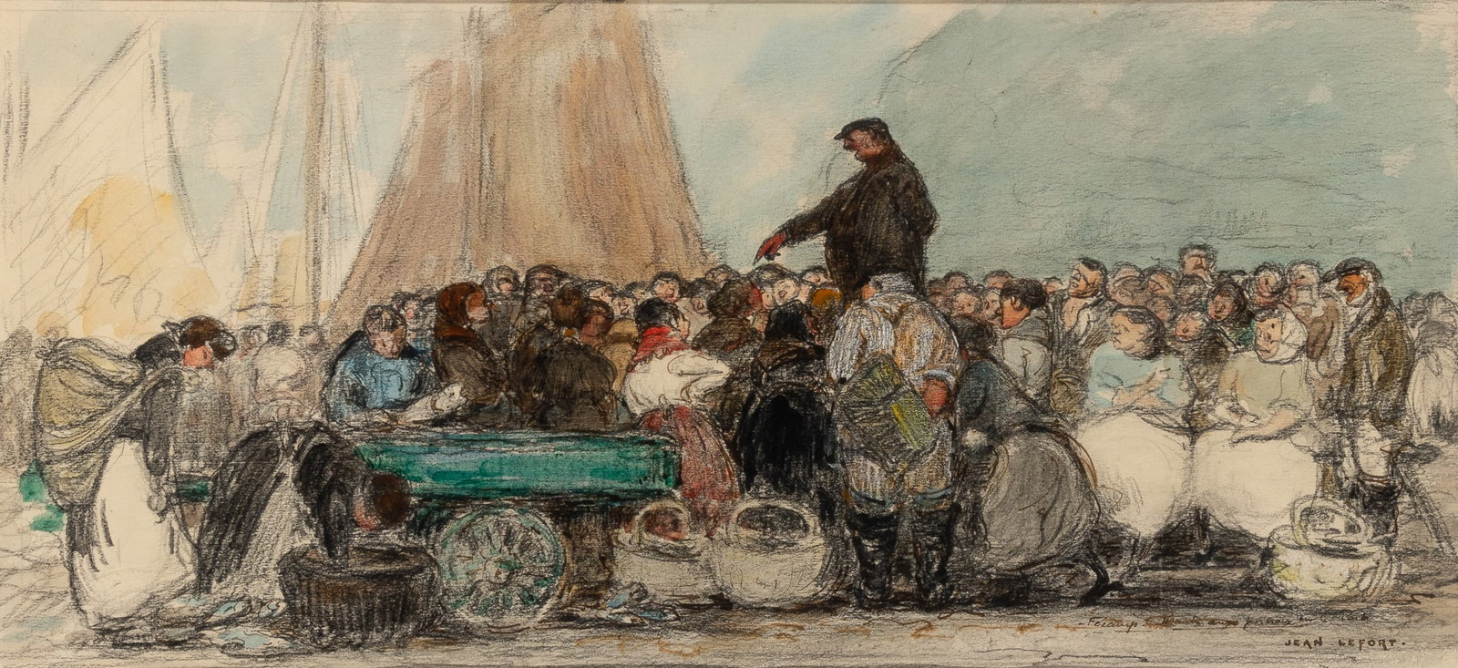 Jean Louis Lefort: French, 1875-1954Fécamp - marché aux poissons, circa 1900Signed JEAN LEFORT and inscribed indistinctly (lr)Watercolor and pencil on paperSight 7 1/2 x 16 inches (19.1 x 40.6 cm)