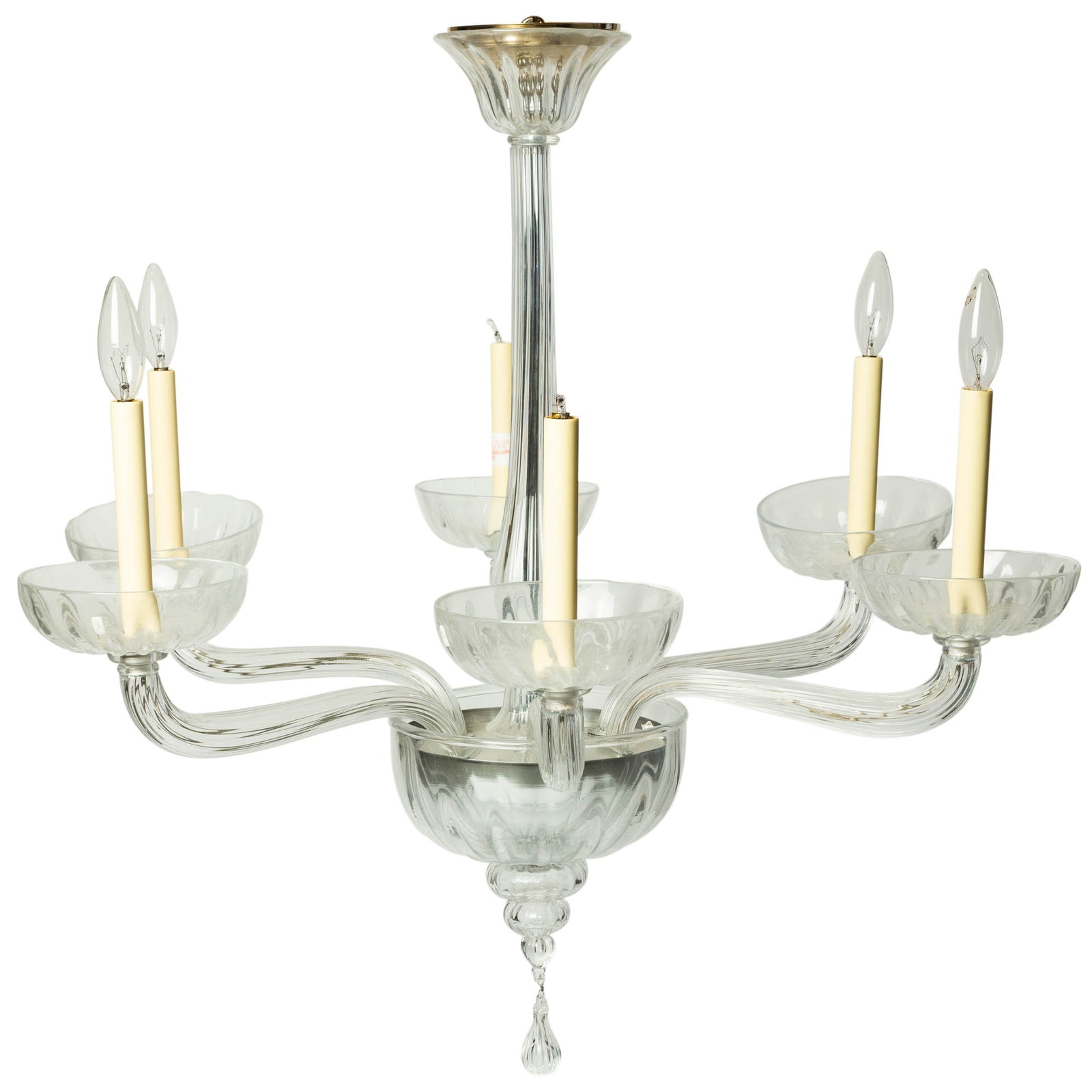 Italian Murano Glass Six-Light Chandelier: Mid-20th century, Height 36 inches, Diameter 33 inches Good condition, no canopy.