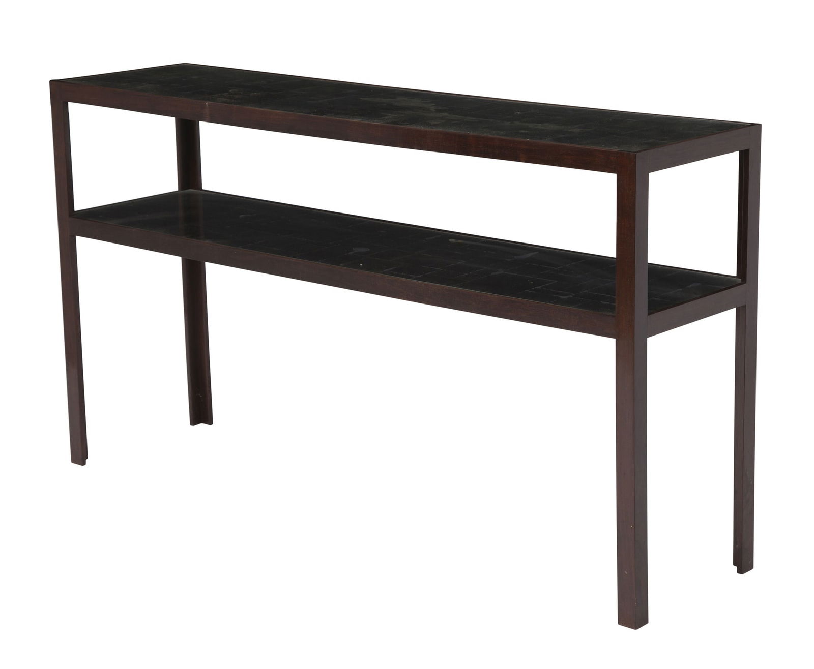 Walnut Stained Two-Tier Console: Antiqued mirror inset tops. Height 32 1/2 inches, Width 58 inches, Depth 15 inches Very good except some small scratches on the legs