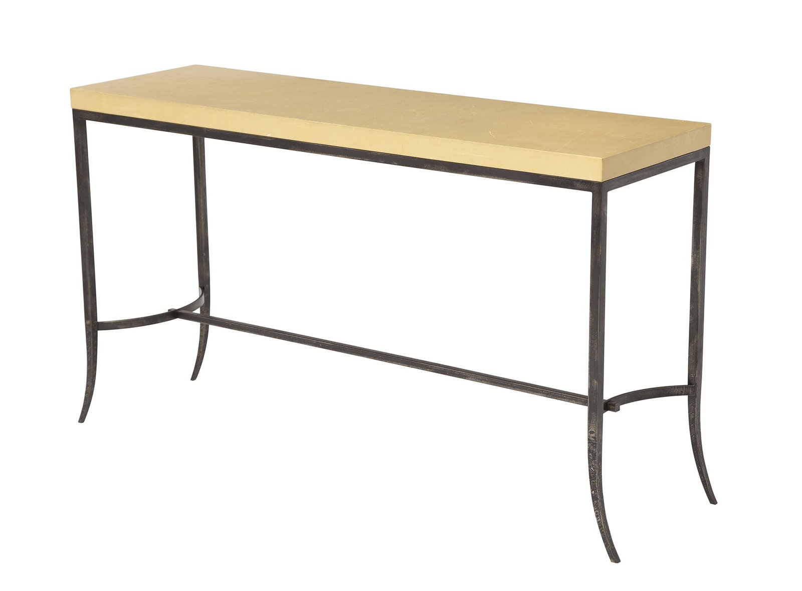 Patinated Metal Console with Leather Top: Designed by Nicolas Aubagnac, Height 27 1/2 inches, Width 48 inches, Depth 14 1/4 inches Leather top is scratched.
