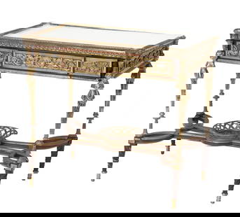 Louis XVI Style Gilt-Bronze Mounted Mahogany Center Table: Selling as is from the Doyle warehouse in the Bronx. Cannot be shown during exhibition due to broken legs and stretcher base.Late 19th / early 20th century, After the model by Adam Weisweiler for Mari