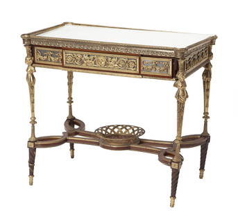 Louis XVI Style Gilt-Bronze Mounted Mahogany Center Table: Selling as is from the Doyle warehouse in the Bronx. Cannot be shown during exhibition due to broken legs and stretcher base.Late 19th / early 20th century, After the model by Adam Weisweiler for Mari