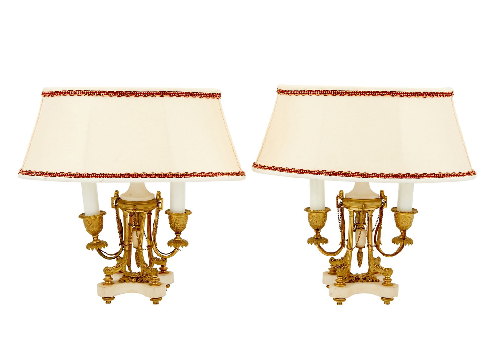 Pair of Gilt Bronze and Marble Lamps: Height 14 inches, Depth 5 inches, Width 12 inches Need rewiring and cleaning